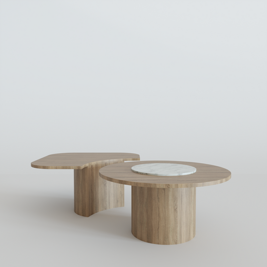 Set de mesas de centro de roble macizo y mármol blanco | SUMMA